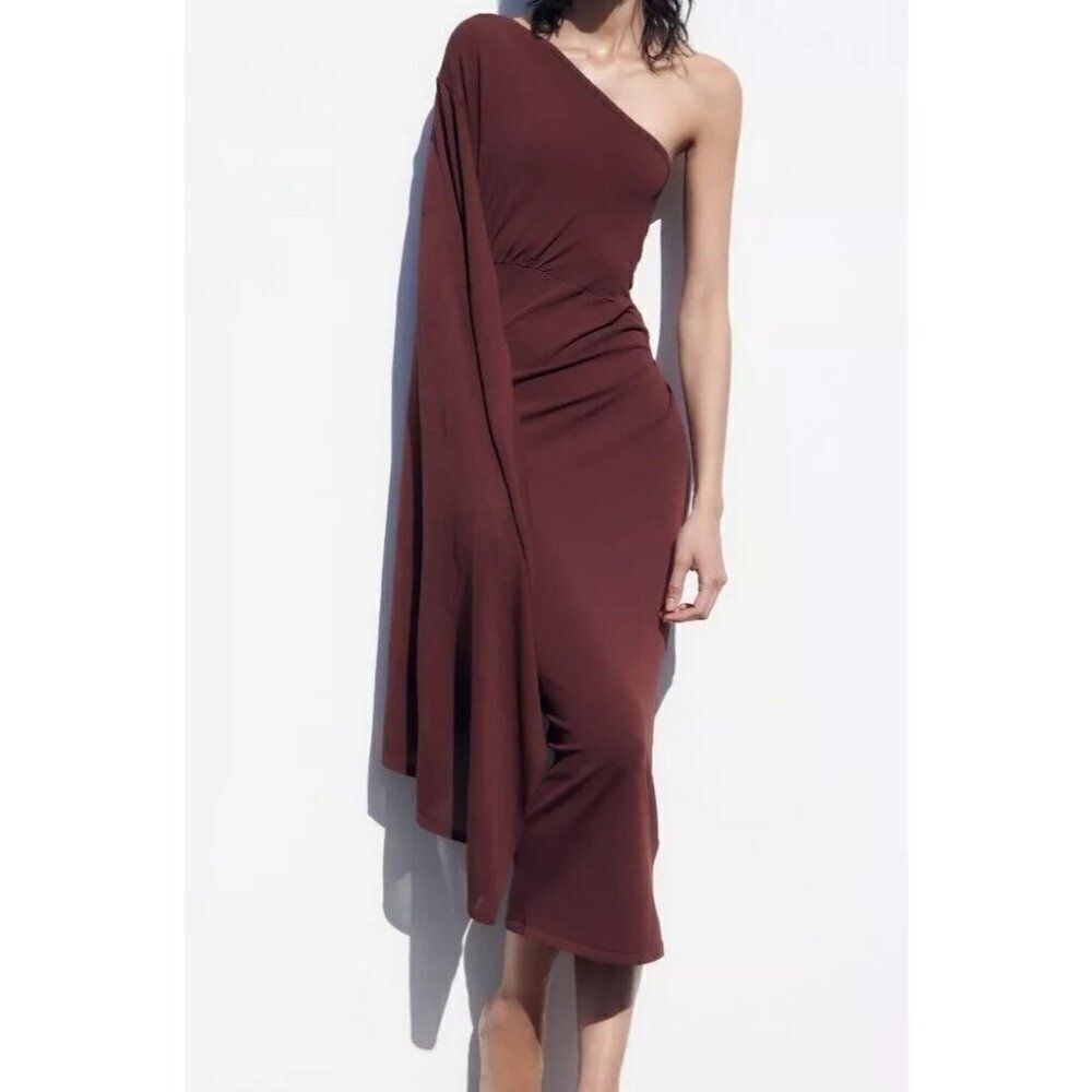 Zara Womens midi knit Cape Dress Size M Burgundy red Asymmetric 0014/034 NWT